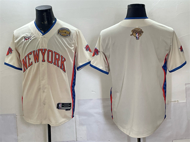 Men's New York Knicks Blank Cream 2026 Finals & Eastern Conference Champions Patch Stitched Baseball Jersey